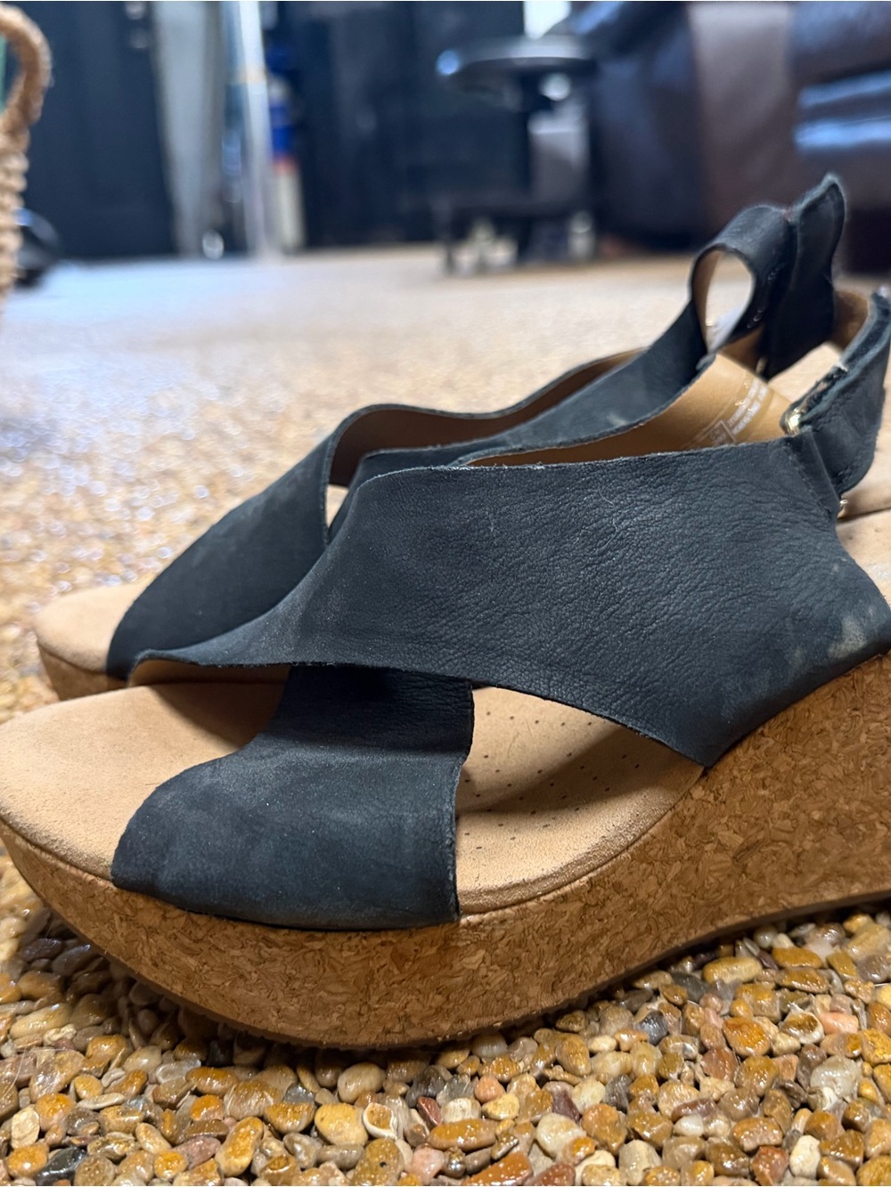 Cole Haan Black Leather Cork Wedge Sandals